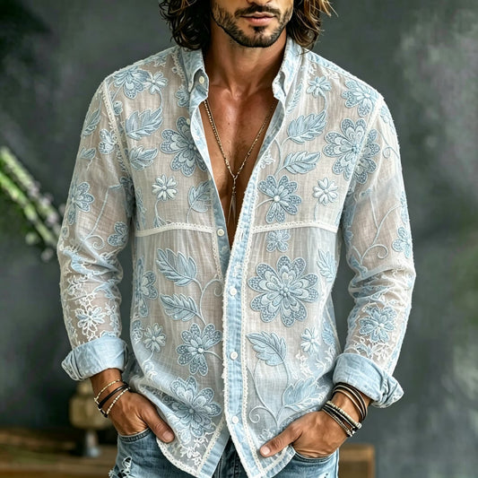 Men's Sky Blue Sheer Floral Embroidered Shirt | Premium Mesh Long Sleeve Button-Up Party Shirt | Uroba.shop