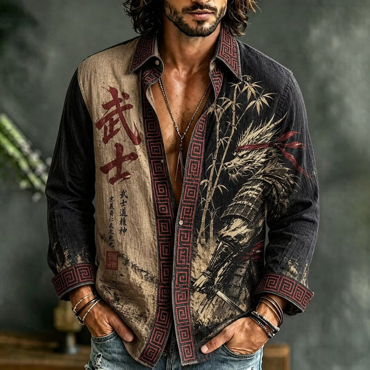 Men's Bushido Samurai Warrior Graphic Shirt | Japanese Vintage Long Sleeve Button-Up | Uroba.shop