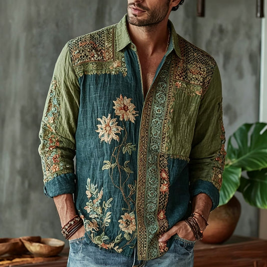 Men's Vintage Patchwork Floral Embroidered Cotton Linen Shirt | Green & Teal Long Sleeve Casual Shirt | Uroba.shop