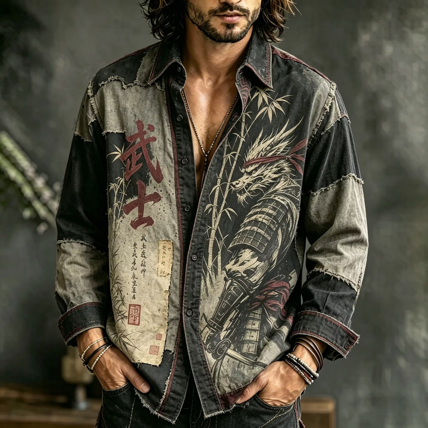 Men's Vintage Samurai Dragon Graphic Shirt | Distressed Japanese Style Long Sleeve Button-Up | Uroba.shop