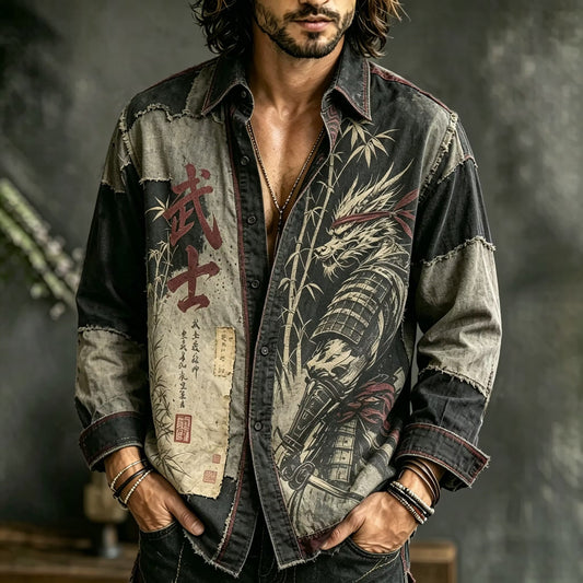 Men's Vintage Samurai Dragon Graphic Shirt | Distressed Japanese Style Long Sleeve Button-Up | Uroba.shop