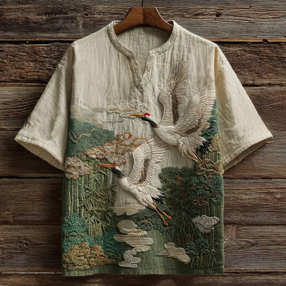 Men's Japanese Crane Bamboo Landscape Cotton Linen V-Neck Shirt | Vintage Zen Summer Tee