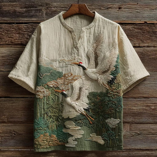 Men's Japanese Crane Bamboo Landscape Cotton Linen V-Neck Shirt | Vintage Zen Summer Tee