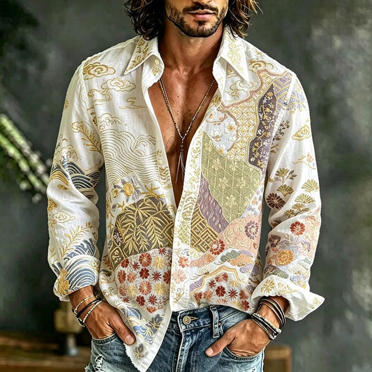 Men's White Japanese Art Print Cotton Linen Shirt | Premium Long Sleeve Vintage Casual Button-Up | Uroba.shop