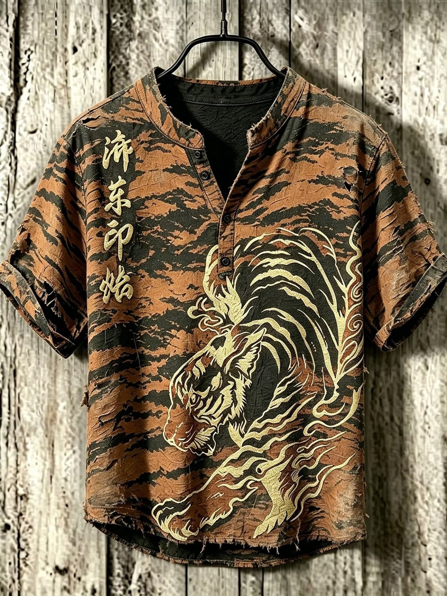 Men's Vintage Tiger Graphic Henley Shirt | Premium Japanese Style Cotton Linen Casual Half Sleeve Shirt