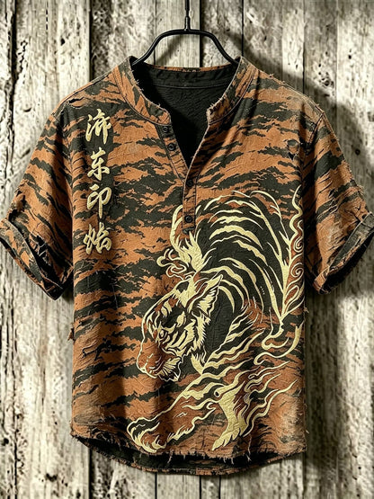 Men's Vintage Tiger Graphic Henley Shirt | Premium Japanese Style Cotton Linen Casual Half Sleeve Shirt