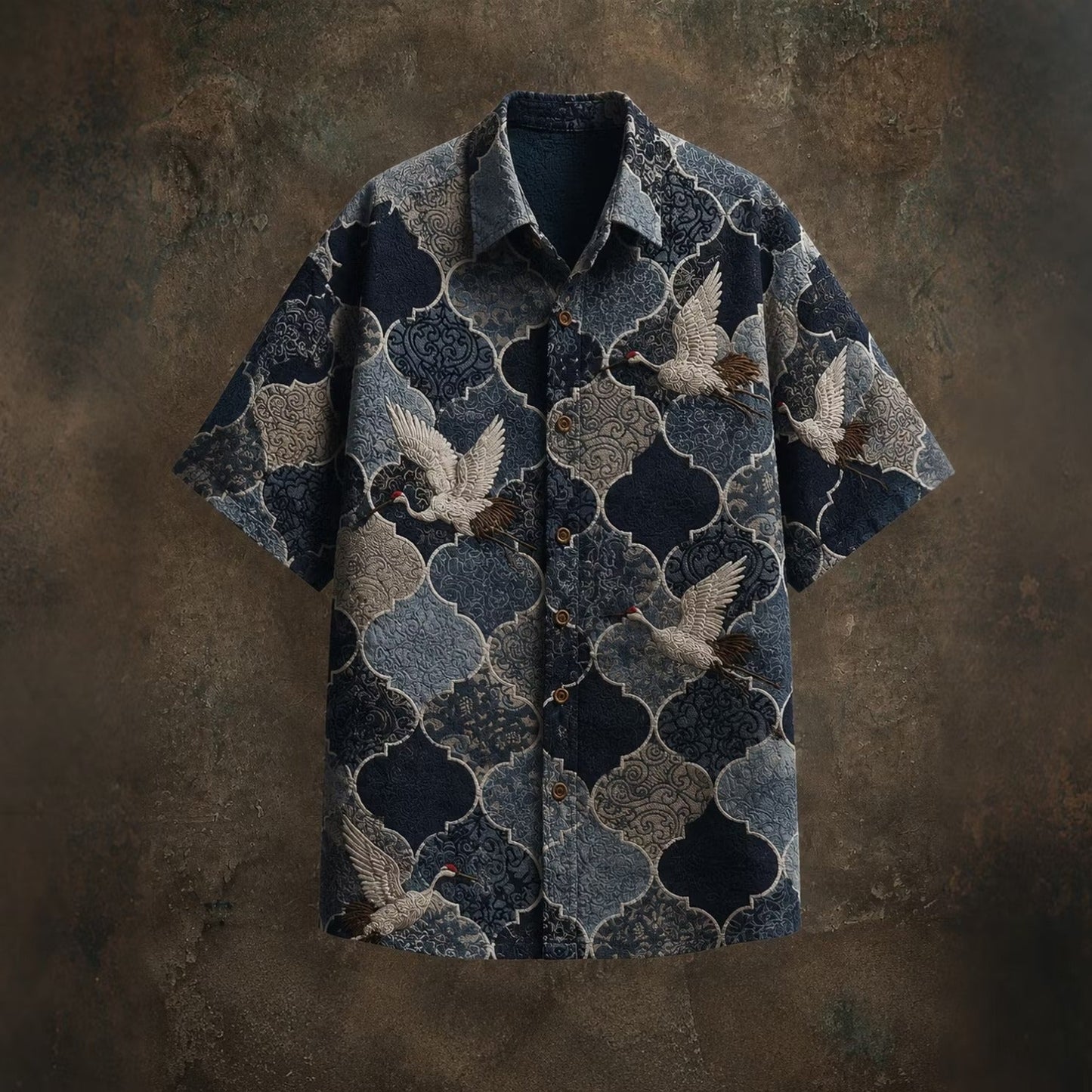 Men's Blue Crane Pattern Print Shirt | Premium Japanese Style Cotton Linen Casual Half Sleeve Shirt