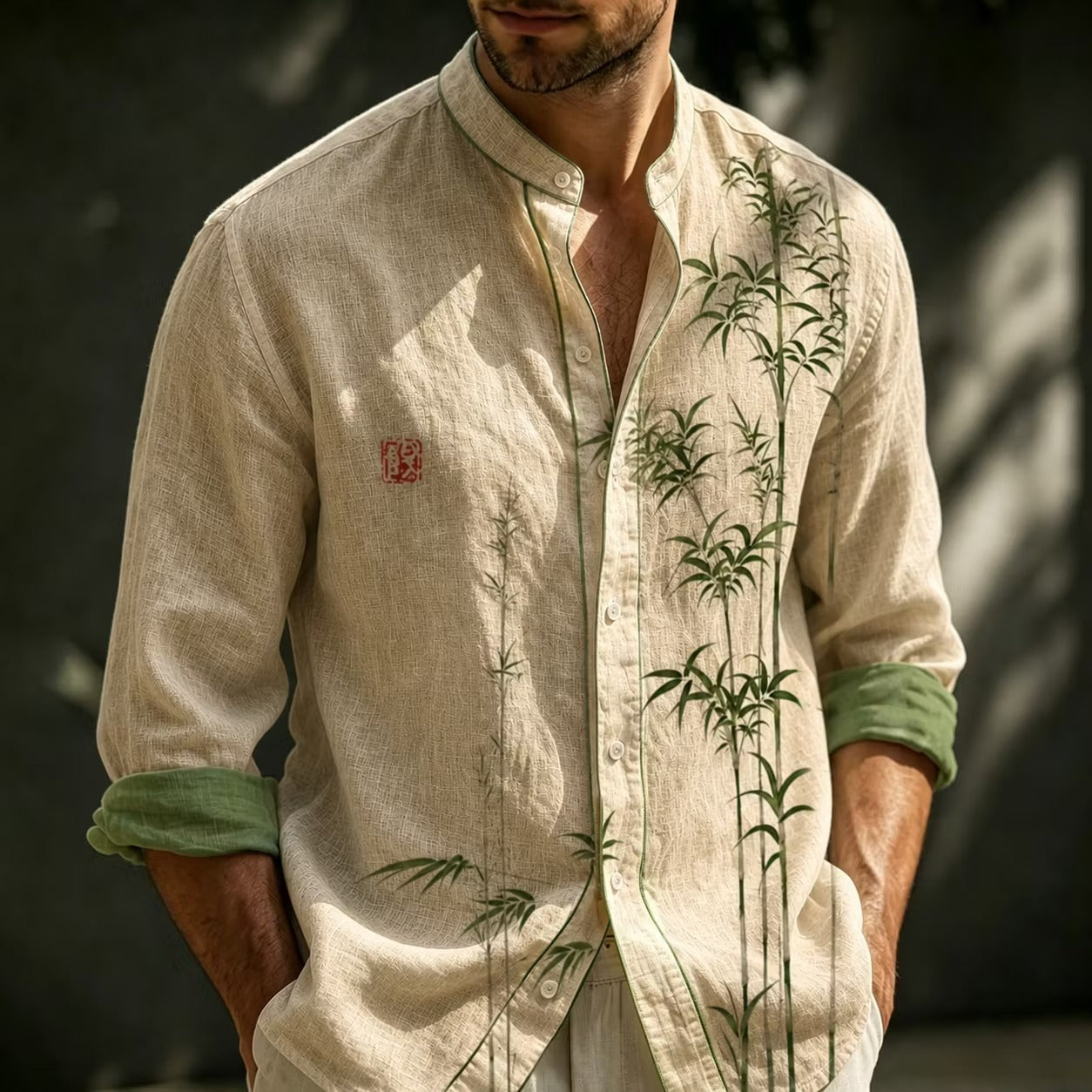 Men's Beige Bamboo Print Cotton Linen Shirt | Mandarin Collar Long Sleeve Casual Button-Up | Uroba.shop