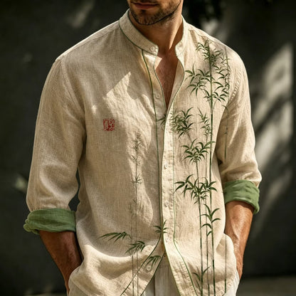 Men's Beige Bamboo Print Cotton Linen Shirt | Mandarin Collar Long Sleeve Casual Button-Up | Uroba.shop