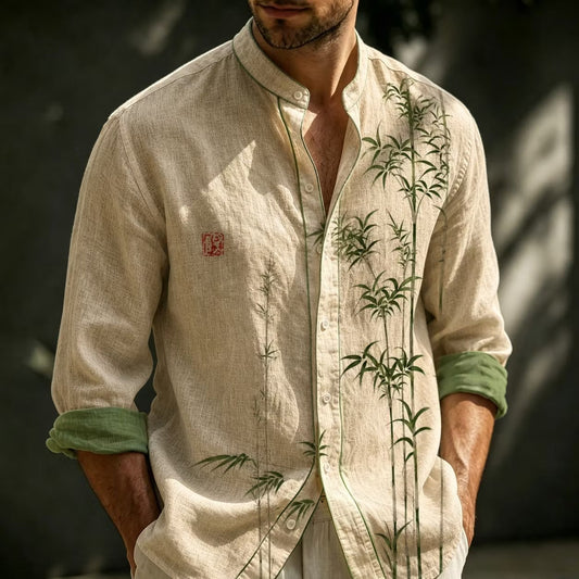 Men's Beige Bamboo Print Cotton Linen Shirt | Mandarin Collar Long Sleeve Casual Button-Up | Uroba.shop