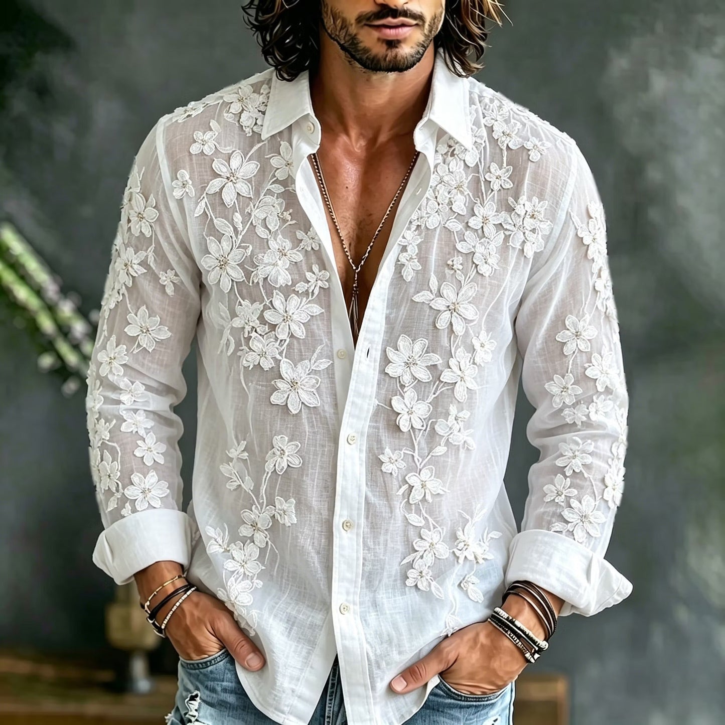Men's White Sheer Floral Embroidered Shirt | Premium Mesh Long Sleeve Button-Up Party Shirt | Uroba.shop