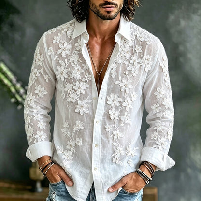 Men's White Sheer Floral Embroidered Shirt | Premium Mesh Long Sleeve Button-Up Party Shirt | Uroba.shop