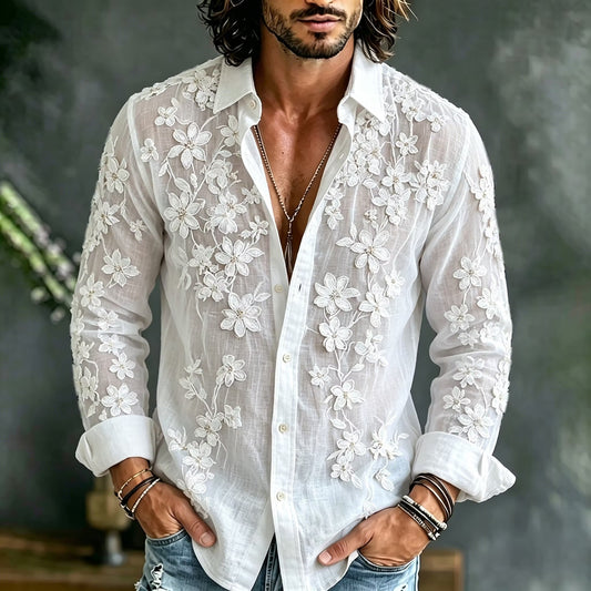 Men's White Sheer Floral Embroidered Shirt | Premium Mesh Long Sleeve Button-Up Party Shirt | Uroba.shop
