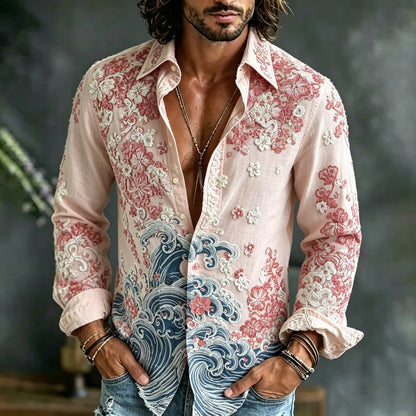 Men's Blush Pink Floral Embroidered Cotton Linen Shirt | Japanese Wave Print Long Sleeve Casual Shirt | Uroba.shop
