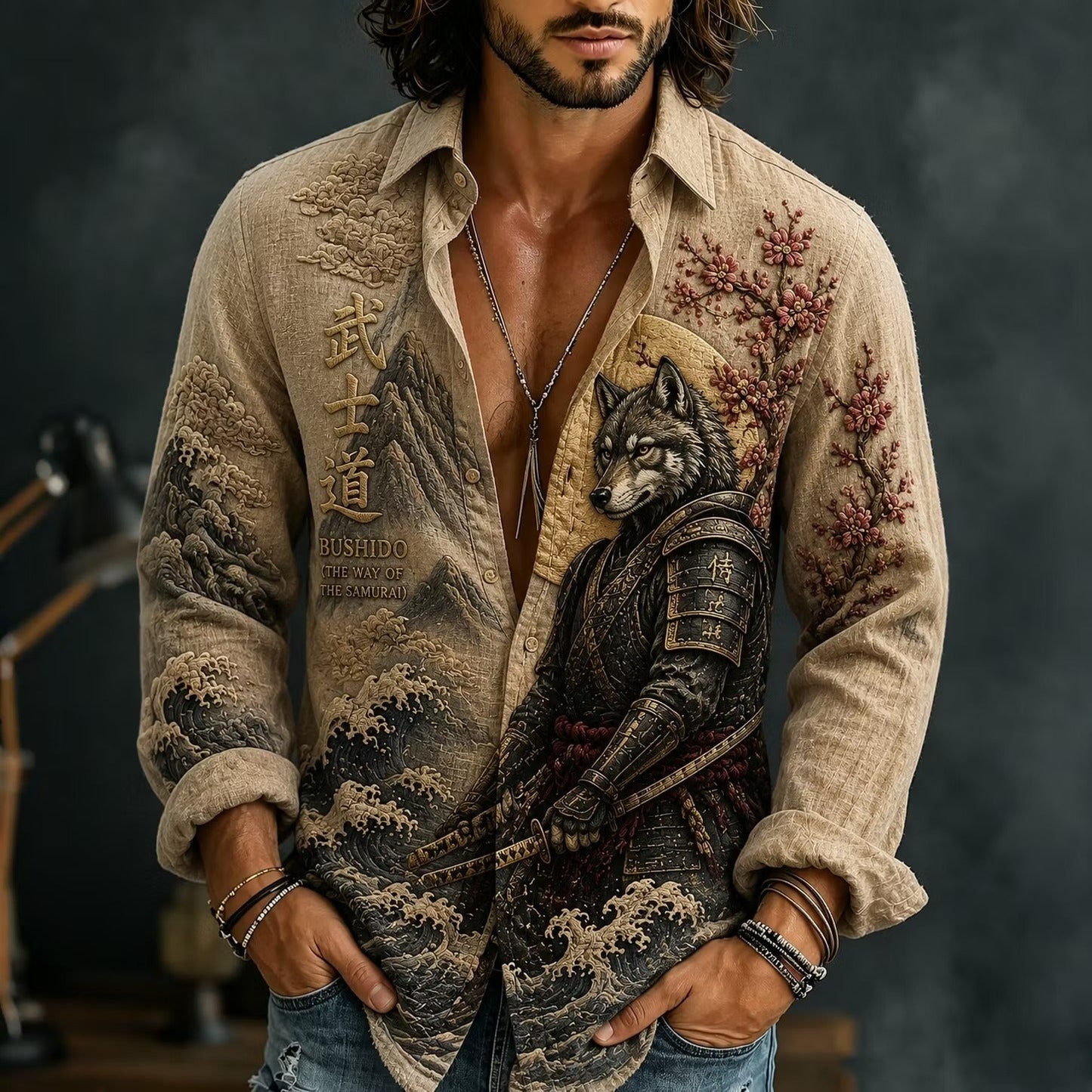 Men's Bushido Samurai Wolf Print Cotton Linen Shirt | Vintage Japanese Long Sleeve Casual Shirt | Uroba.shop