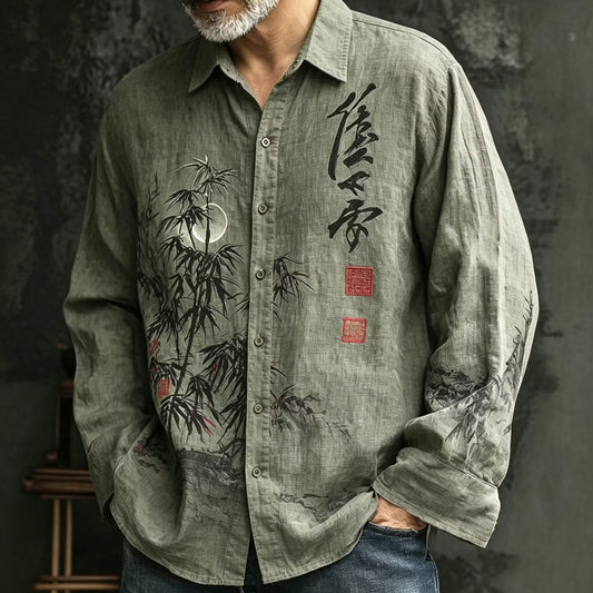 Men's Sage Green Japanese Bamboo Print Cotton Linen Shirt | Vintage Long Sleeve Casual Button-Up | Uroba.shop