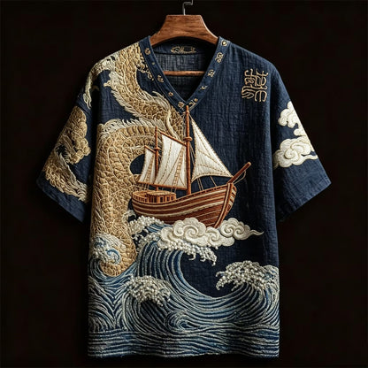 Men's Japanese Dragon Ship Embroidered V-Neck Shirt | Premium Cotton Linen Casual Half Sleeve Tee
