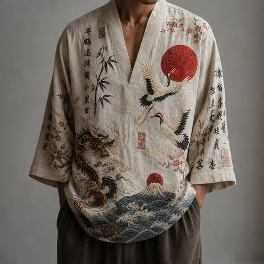 Men's Japanese Kimono Style Cotton Linen Shirt | Crane Dragon Print V-Neck Casual Half Sleeve Top | Uroba.shop