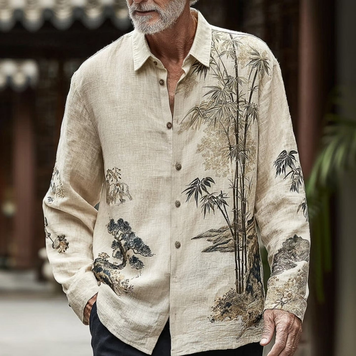 Men's Beige Japanese Bamboo Print Cotton Linen Shirt | Long Sleeve Casual Button-Up Shirt | Uroba.shop