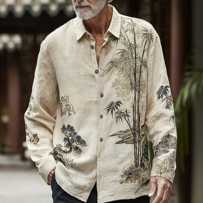 Men's Beige Japanese Bamboo Print Cotton Linen Shirt | Long Sleeve Casual Button-Up Shirt | Uroba.shop