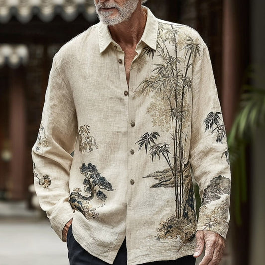 Men's Beige Japanese Bamboo Print Cotton Linen Shirt | Long Sleeve Casual Button-Up Shirt | Uroba.shop