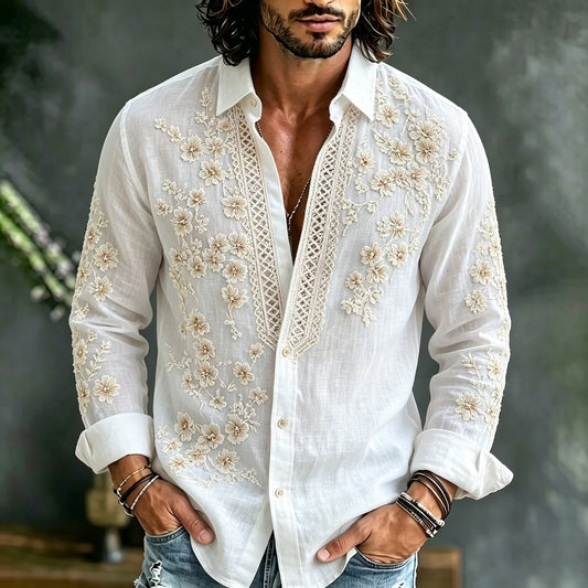 Men's White Floral Embroidered Cotton Linen Shirt | Luxury Long Sleeve Casual Button-Up | Uroba.shop