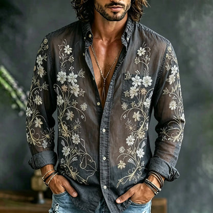 Men's Black Sheer Floral Embroidered Shirt | Premium Long Sleeve Mesh Casual Party Shirt | Uroba.shop