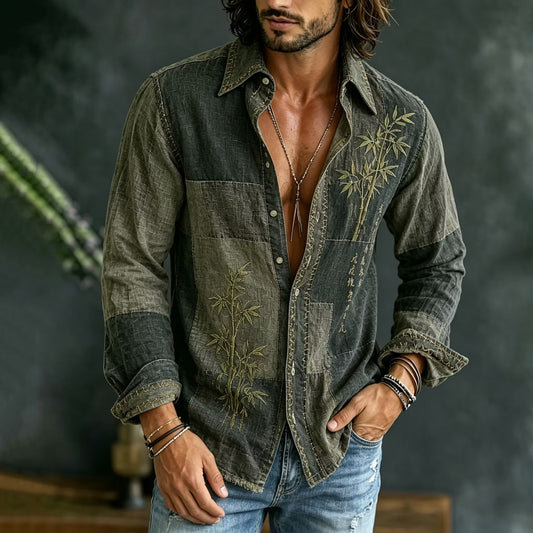 Men's Vintage Patchwork Cotton Linen Shirt | Dark Olive Bamboo Embroidered Long Sleeve Casual Shirt | Uroba.shop
