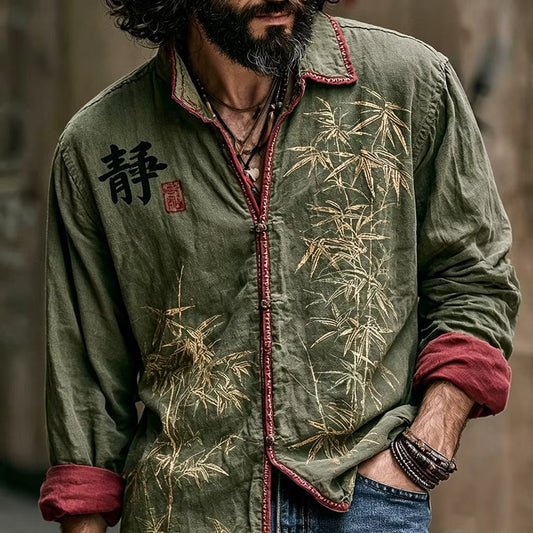 Men's Olive Green Vintage Bamboo Print Casual Cotton Linen Shirt | Long Sleeve Retro Button-Up | Uroba.shop