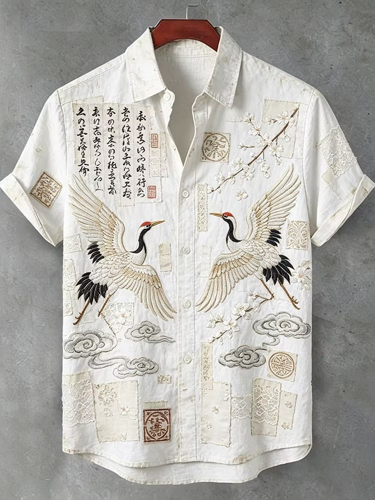 Men's White Crane Embroidered Linen Blend Shirt | Premium Japanese Style Casual Half Sleeve Shirt