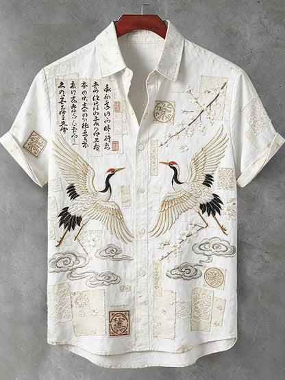 Men's White Crane Embroidered Linen Blend Shirt | Premium Japanese Style Casual Half Sleeve Shirt