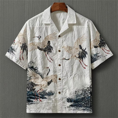 Men's White Flying Crane Print Cuban Collar Shirt | Premium Japanese Style Casual Half Sleeve Shirt