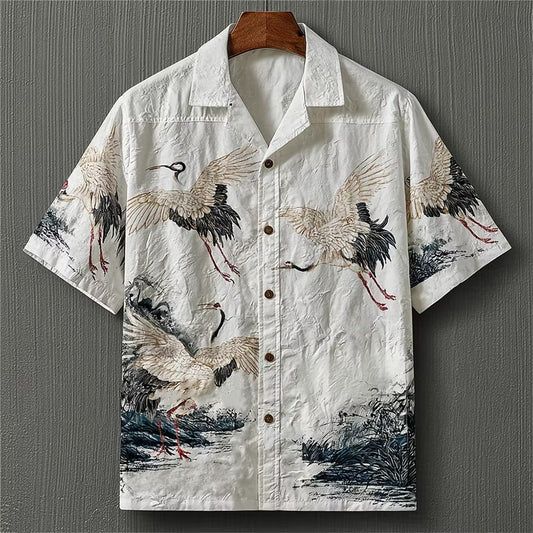 Men's White Flying Crane Print Cuban Collar Shirt | Premium Japanese Style Casual Half Sleeve Shirt