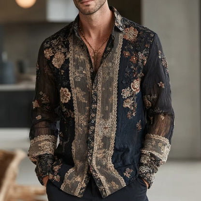 Men's Black Floral Embroidered Mesh Shirt | Luxury Long Sleeve Sheer Party Button-Up | Uroba.shop