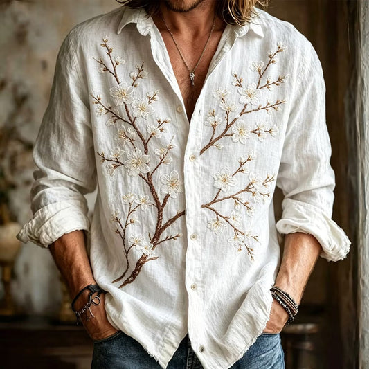 Men's White Cherry Blossom Embroidered Linen Shirt | Premium Long Sleeve Casual Button-Up | Uroba.shop