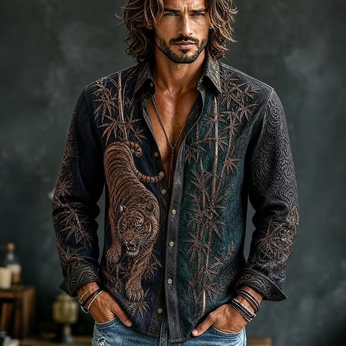 Shop the Men's Olive Green Tiger Embroidered Cotton Linen Shirt at Uroba.shop. Premium breathable fabric, Japanese bamboo design, relaxed fit, and bold everyday style.