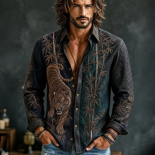 Shop the Men's Olive Green Tiger Embroidered Cotton Linen Shirt at Uroba.shop. Premium breathable fabric, Japanese bamboo design, relaxed fit, and bold everyday style.