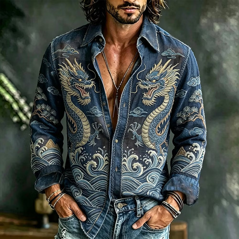 Men's Japanese Twin Dragon Denim Shirt | Vintage Ocean Wave Graphic Button-Up | Uroba.shop