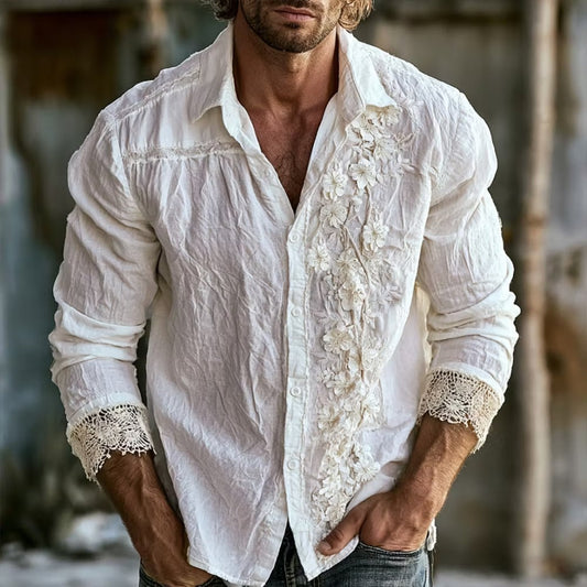 Men's White Floral Embroidered Cotton Linen Casual Shirt | Premium Long Sleeve Vintage Button-Up | Uroba.shop