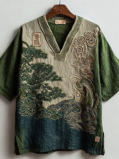 Men's Japanese Zen Landscape V-Neck Cotton Linen Shirt | Vintage Bamboo Nature Casual Tee