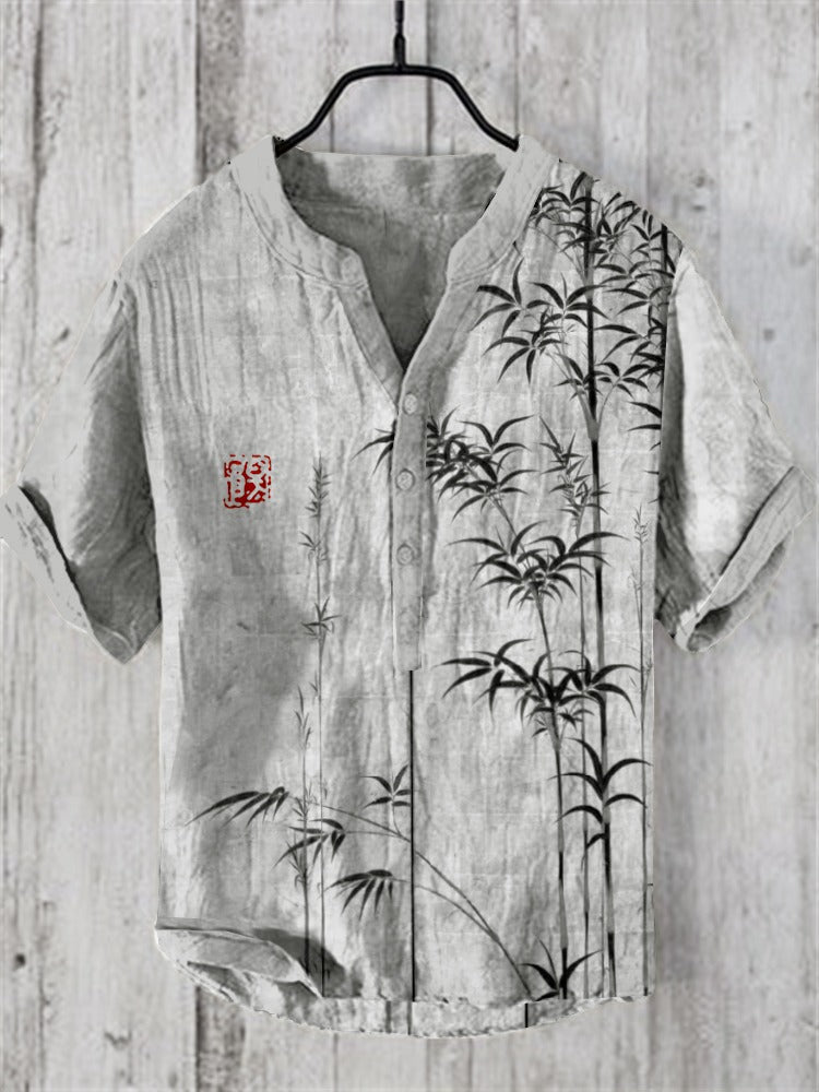 Men's Japanese Bamboo Ink Print Cotton Linen Henley Shirt | Vintage Zen Summer Casual Shirt