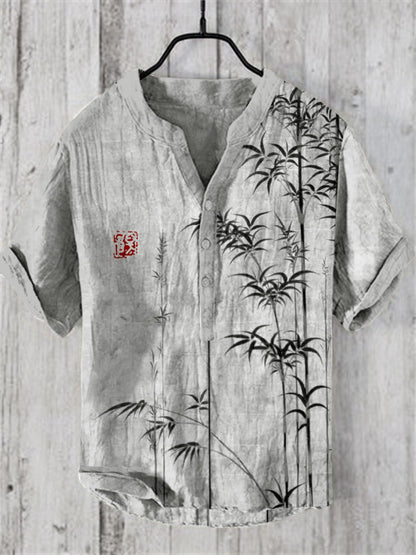 Men's Japanese Bamboo Ink Print Cotton Linen Henley Shirt | Vintage Zen Summer Casual Shirt
