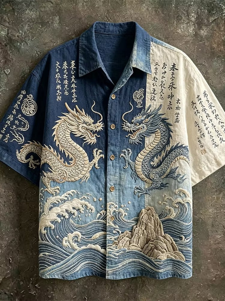 Men's Japanese Twin Dragon Ocean Print Shirt | Premium Cotton Linen Casual Button-Up