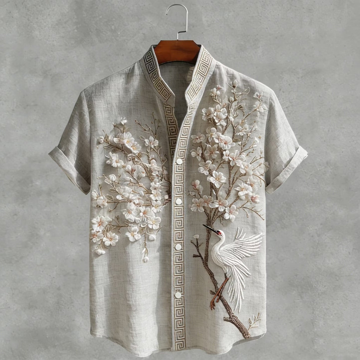 Men's Japanese Crane & Sakura Embroidered Cotton Linen Mandarin Collar Shirt | Luxury Zen Casual Summer Shirt