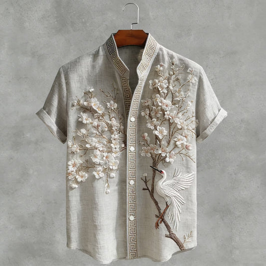 Men's Japanese Crane & Sakura Embroidered Cotton Linen Mandarin Collar Shirt | Luxury Zen Casual Summer Shirt